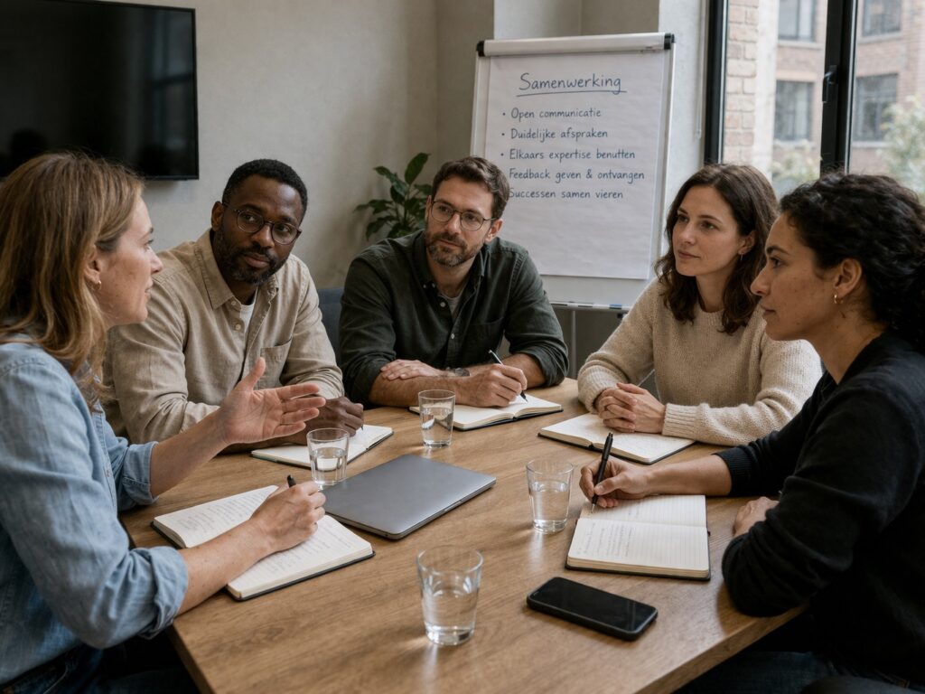 Team in open gesprek over aanspreekcultuur, samenwerking en dienend leiderschap