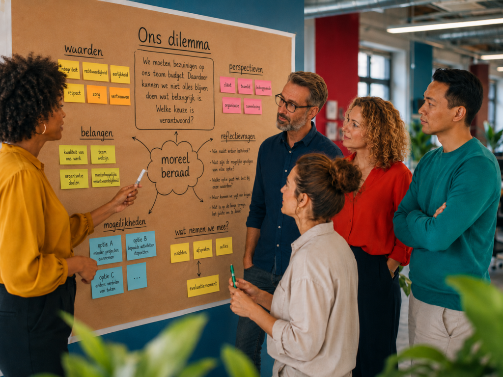 Team staand bij bron papier sessie om met moreel beraad methode een lastig dilemma te bespreken
