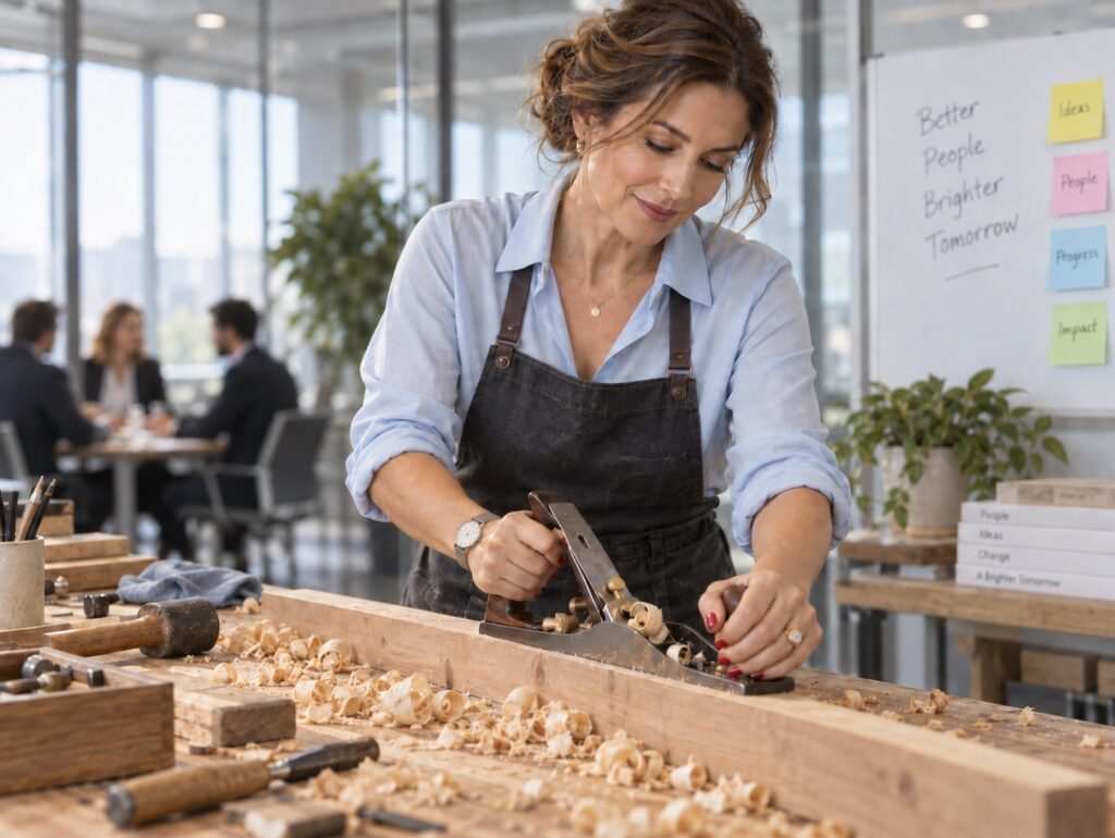 Vrouwelijke leidinggevende die hout bijschaaft als metafoor voor leiderschap onder druk en het onderhouden en bijschaven van nieuw gedrag